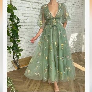 Sage Green Floral Maxi Dress with Deep V-Neck